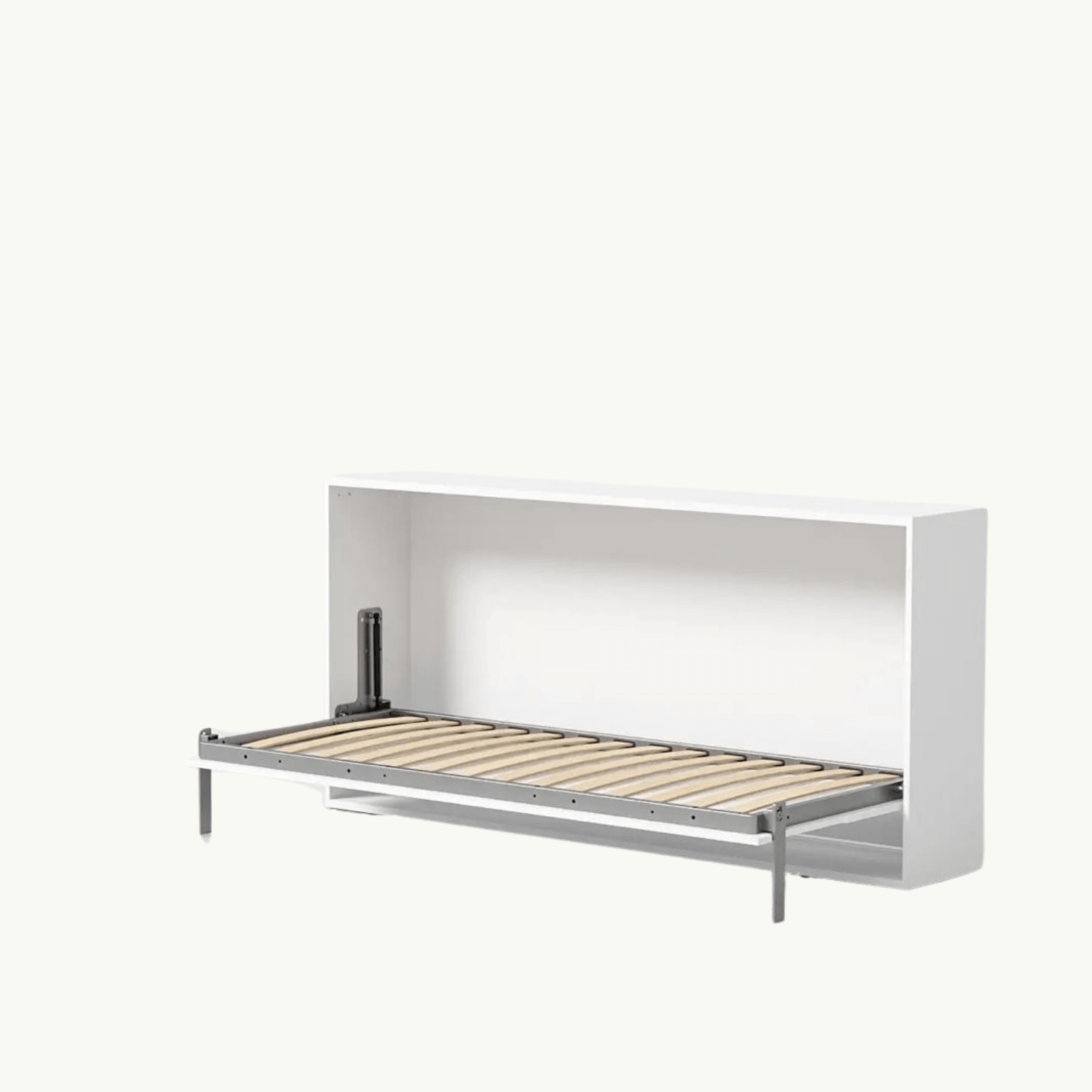 Compaqt Deluxe horizontaal opklapbed in wit met metalen frame en houten latten voor ruimtebesparing.