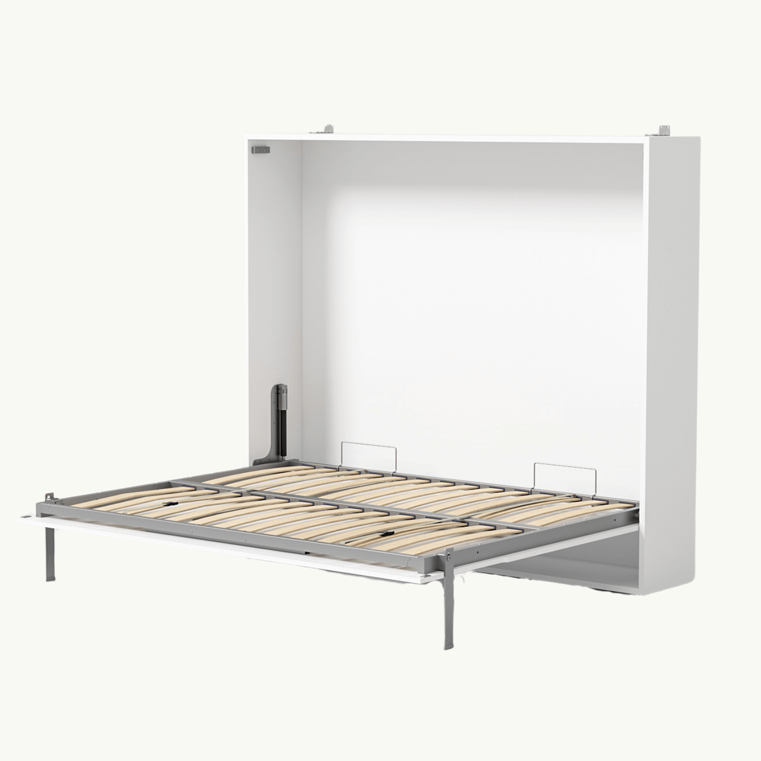 Wit horizontaal opklapbed met houten latten, ideaal voor kleine ruimtes en ruimtebesparing.