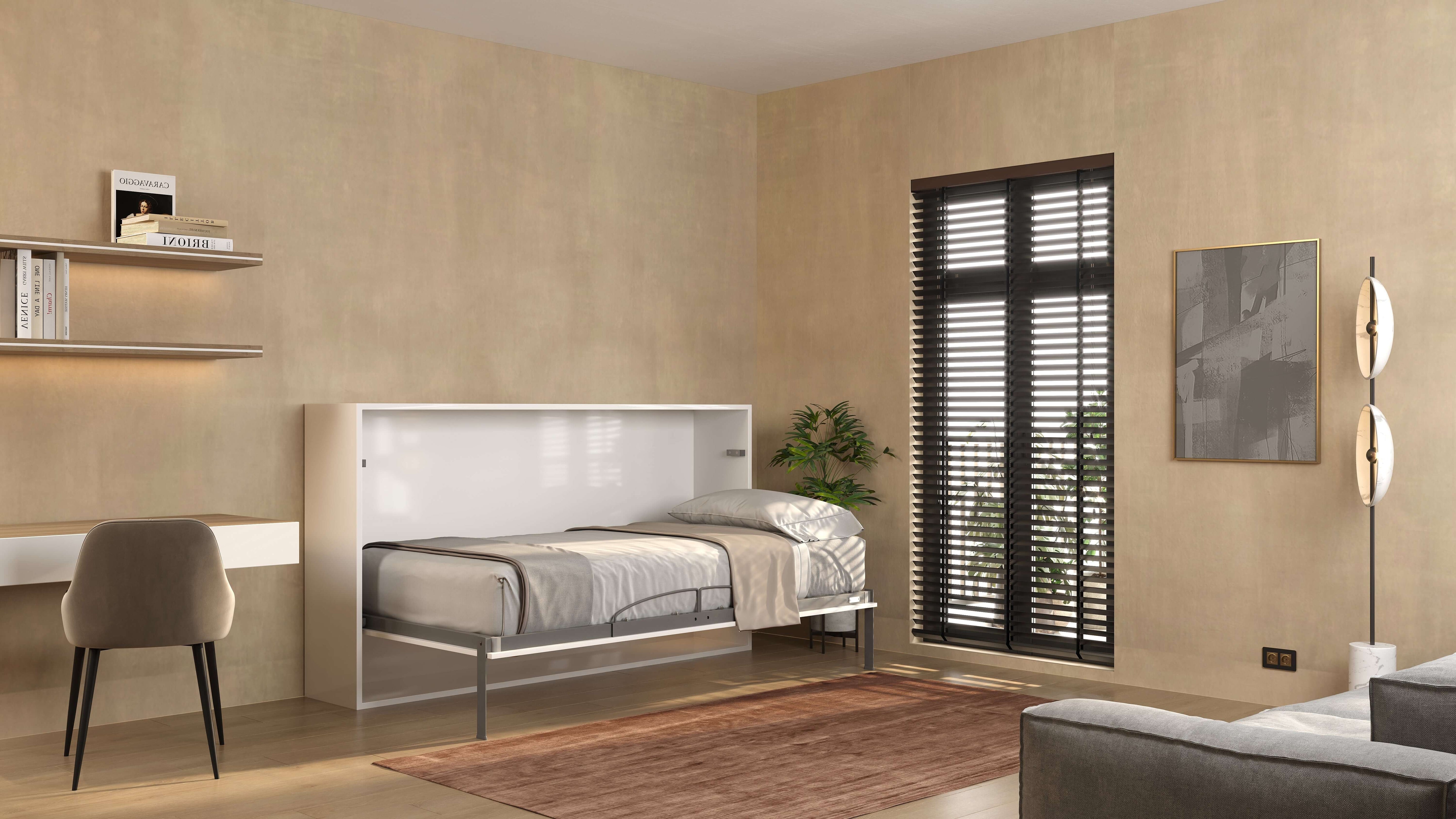 Compaqt Deluxe horizontaal opklapbed in moderne woonkamer, stijlvol en ruimtebesparend, met metalen frame.
