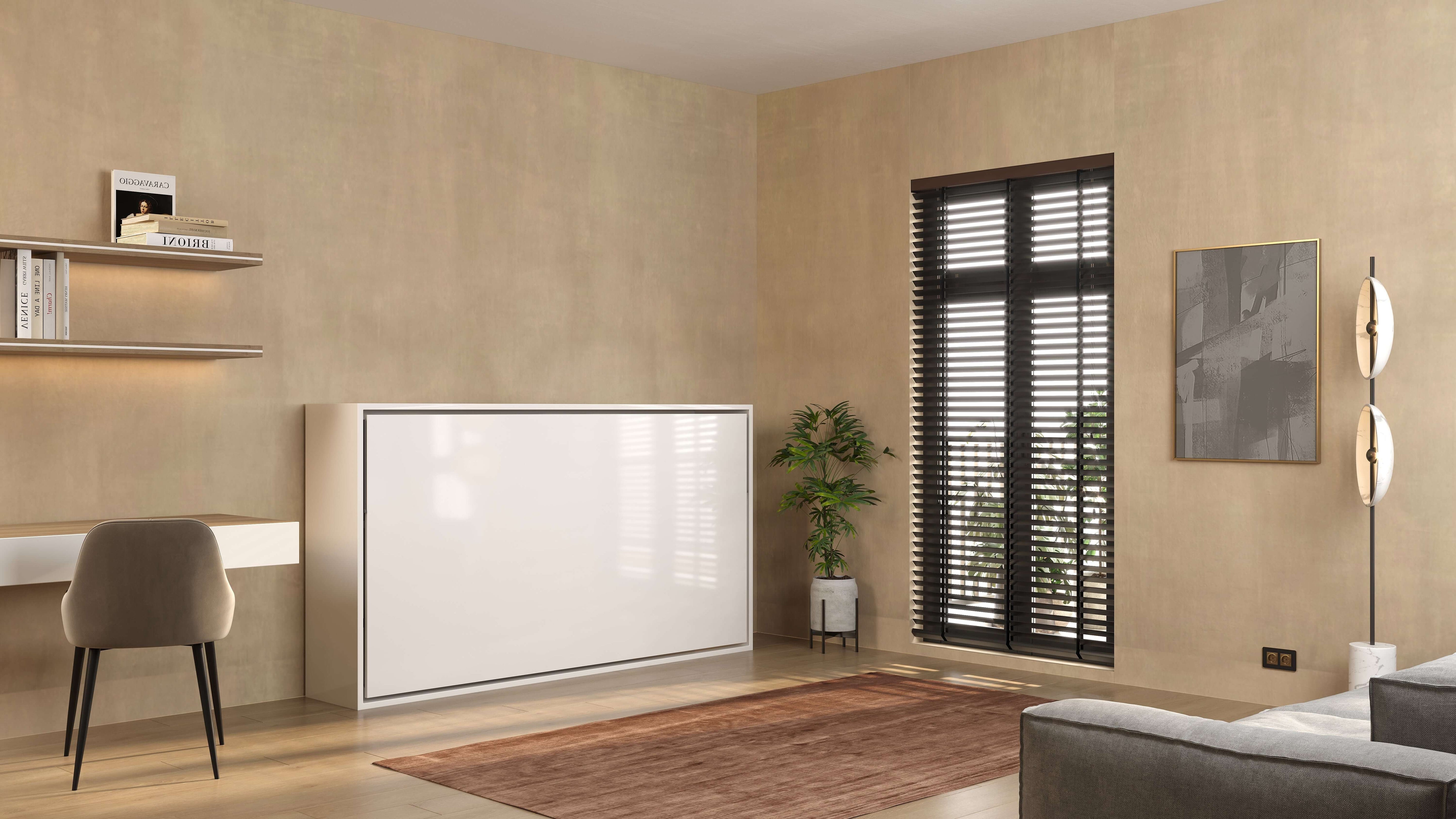 Stijlvol Compaqt Deluxe horizontaal opklapbed in een moderne kamer met bureau en planten, perfect voor kleine ruimtes.