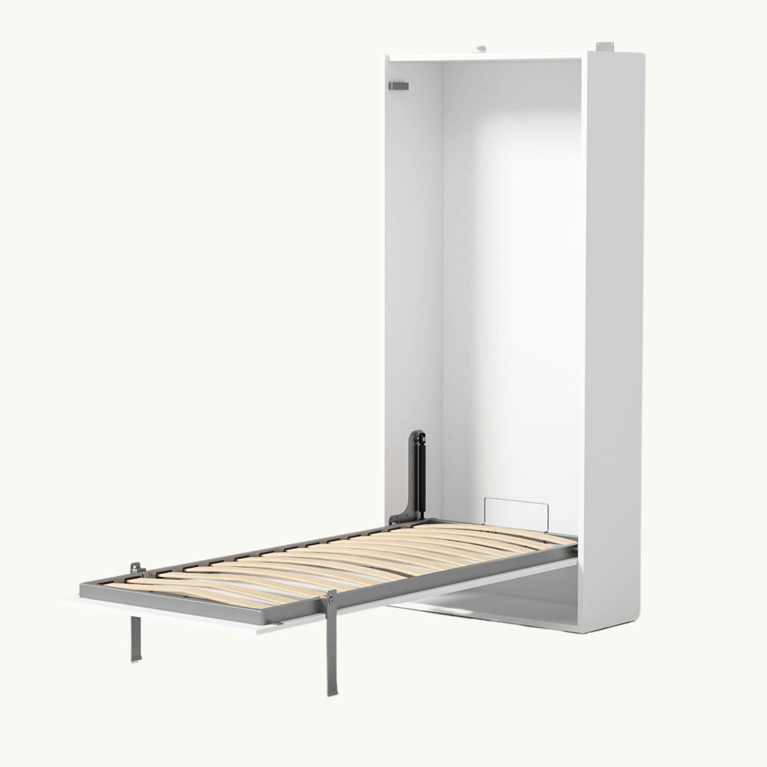 Compaqt Deluxe verticaal opklapbed in wit met metalen frame, half open en ruimtebesparend design.