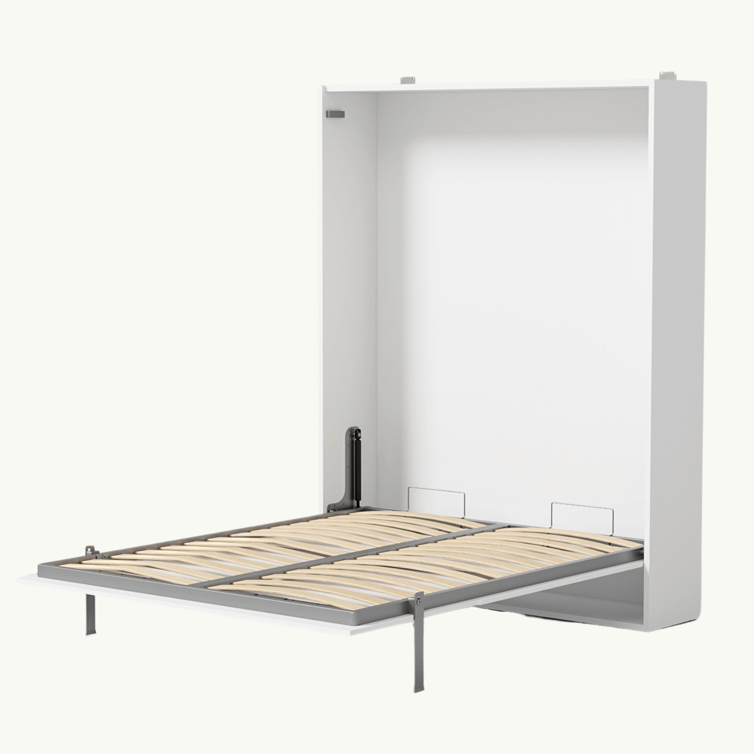 Opengeklapt Compaqt Deluxe verticaal opklapbed met wit kastontwerp en metalen frame, ideaal voor ruimtesparen.