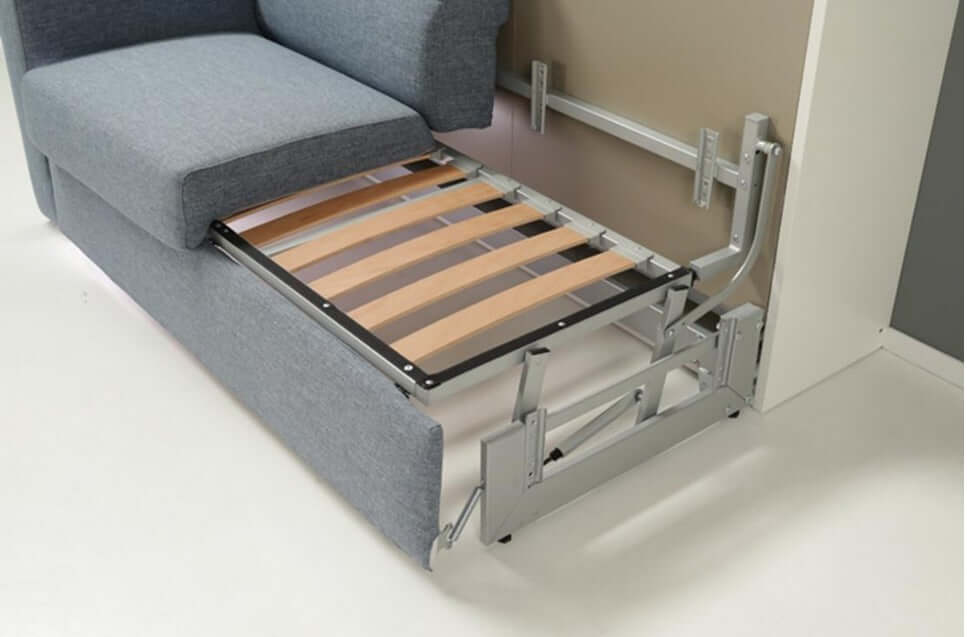 Geïntegreerde bank-uitbreiding voor Compaqt Deluxe opklapbed met zichtbaar metalen frame en houten latten.
