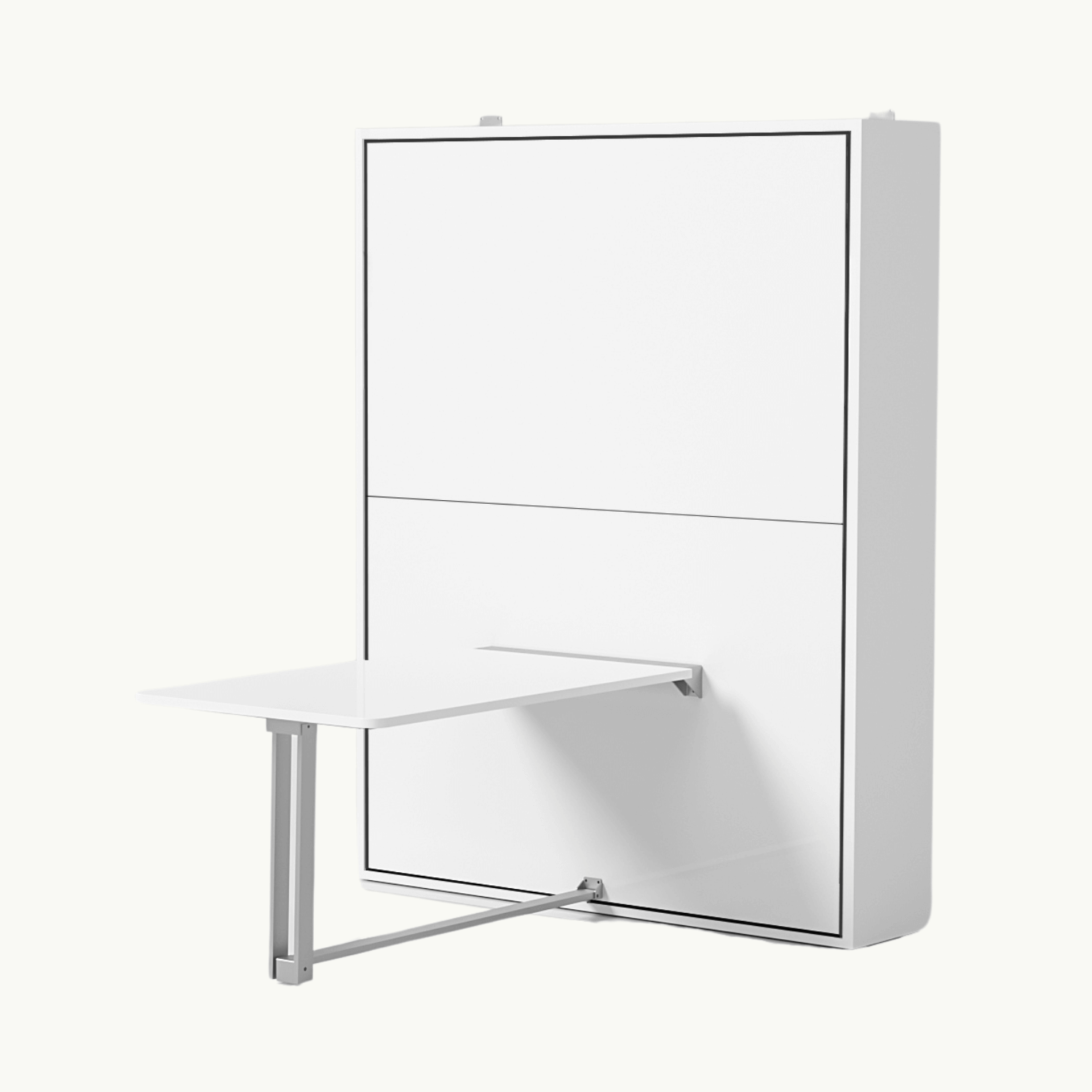 Geïntegreerde eettafel van wit opklapbed met metalen frame, ruimtebesparend en multifunctioneel voor compacte ruimtes.