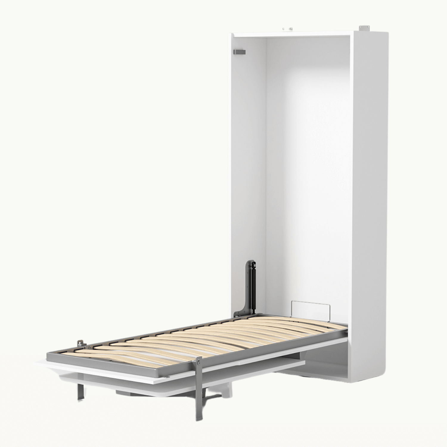 Verticaal opklapbed in wit met een metalen frame en houten latten, ruimtebesparend voor kleine appartementen.