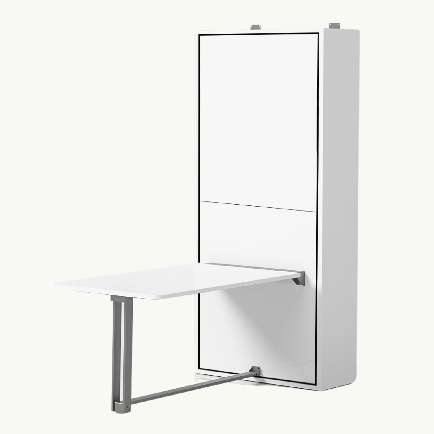 Geïntegreerde eettafel voor Compaqt Deluxe opklapbed, ruimtebesparend ontwerp in wit met metalen frame.