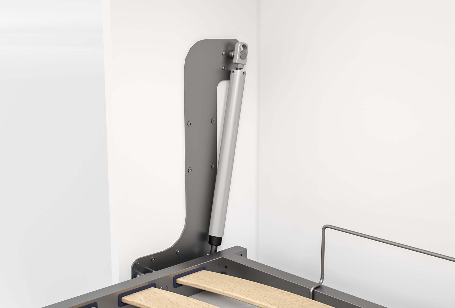 Detail van het metalen frame van het Compaqt Deluxe horizontaal opklapbed, met veersysteem voor ruimtebesparing.