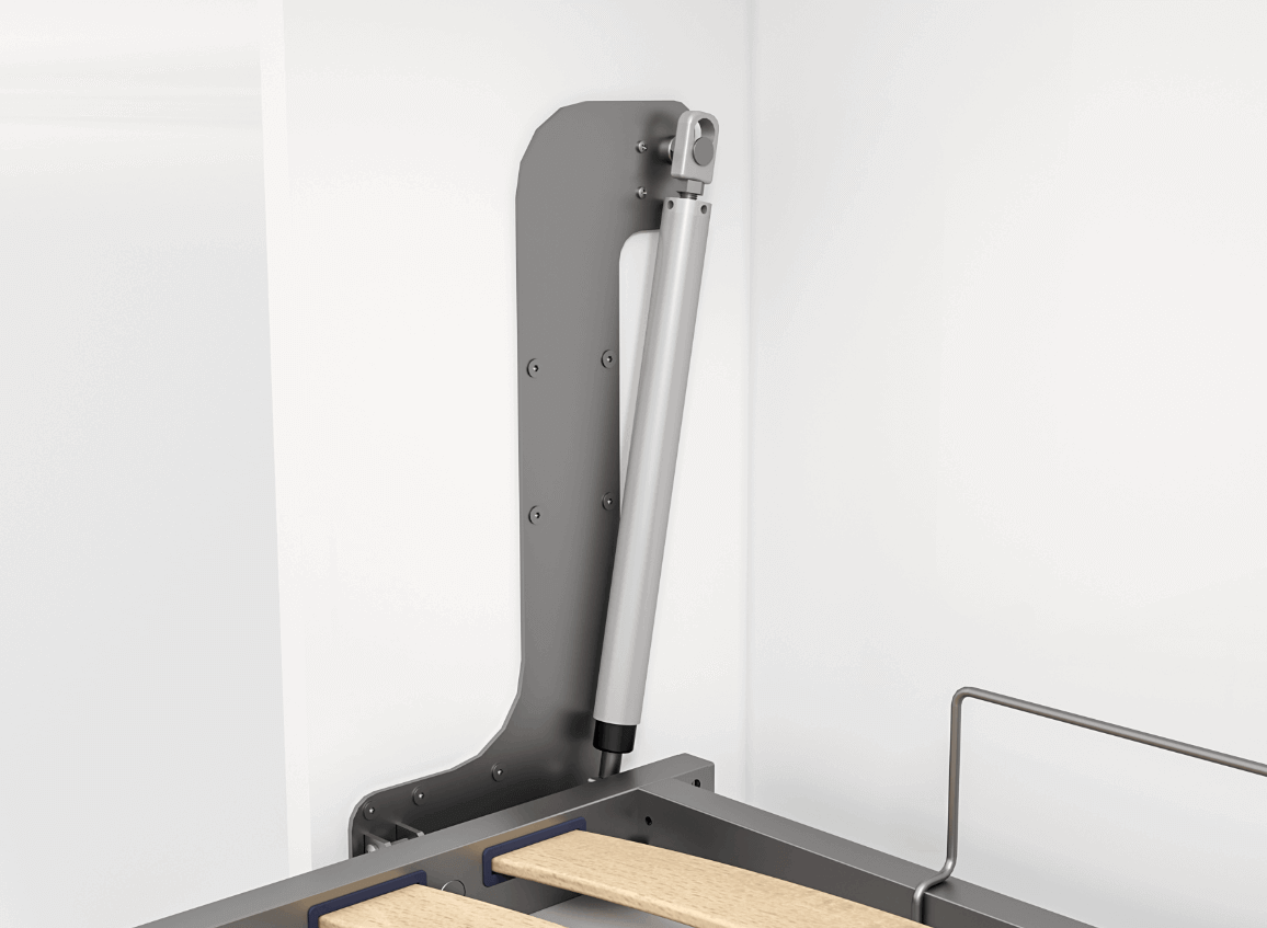 Detail van het solide mechanisme van het Compaqt opklapbed voor ruimtebesparing.