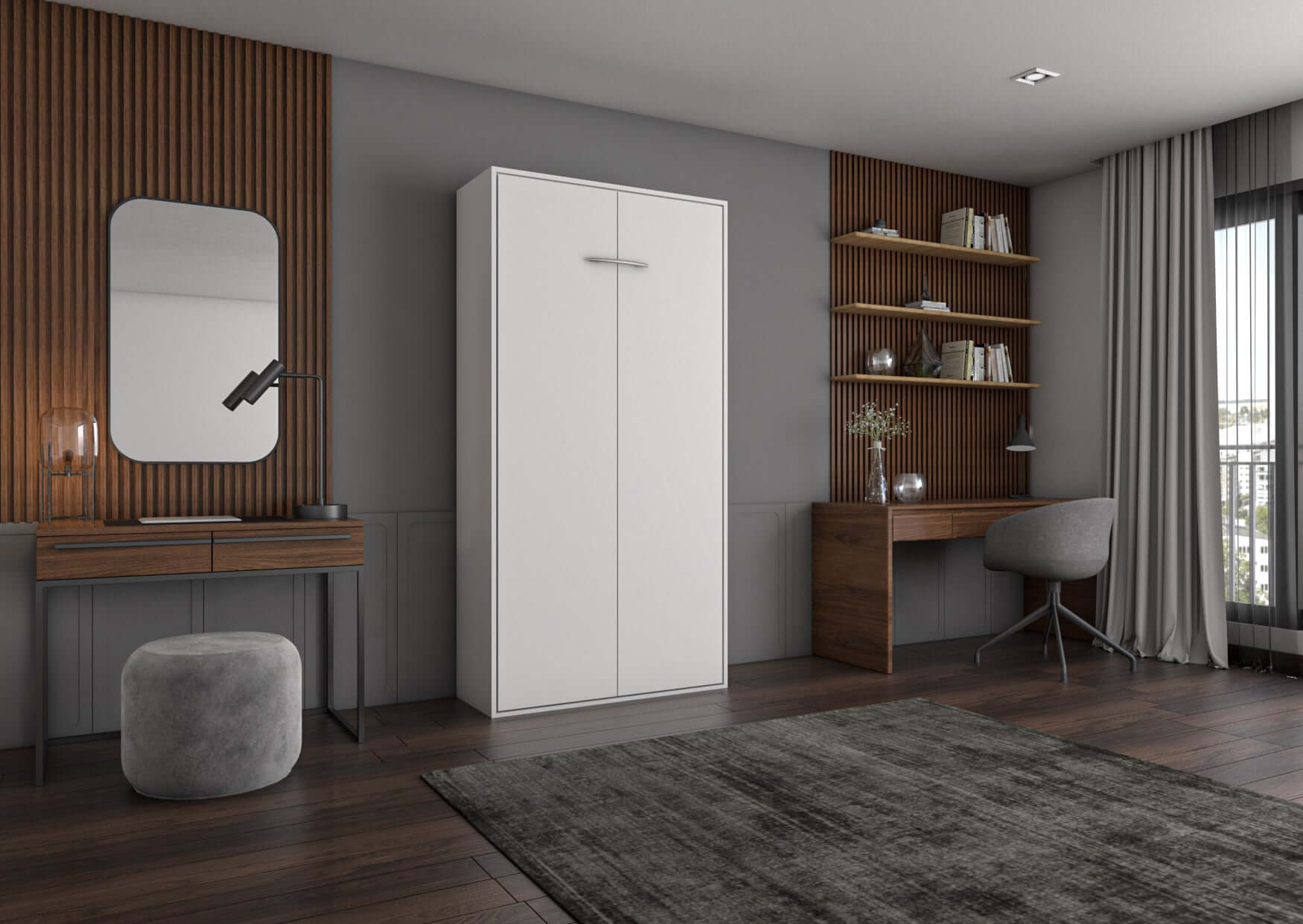Stylish modern bedroom with a white wardrobe, desk, and shelves, featuring wooden accents and a cozy rug.