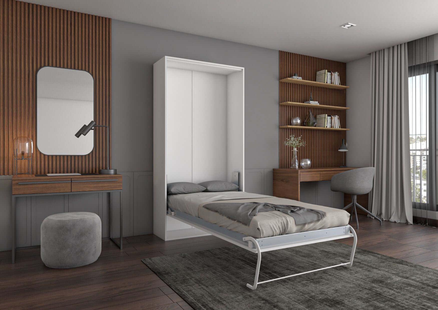Compaqt opklapbed in moderne slaapkamer met aantrekkelijke houten wand en bureau, ideaal voor ruimtebesparing.