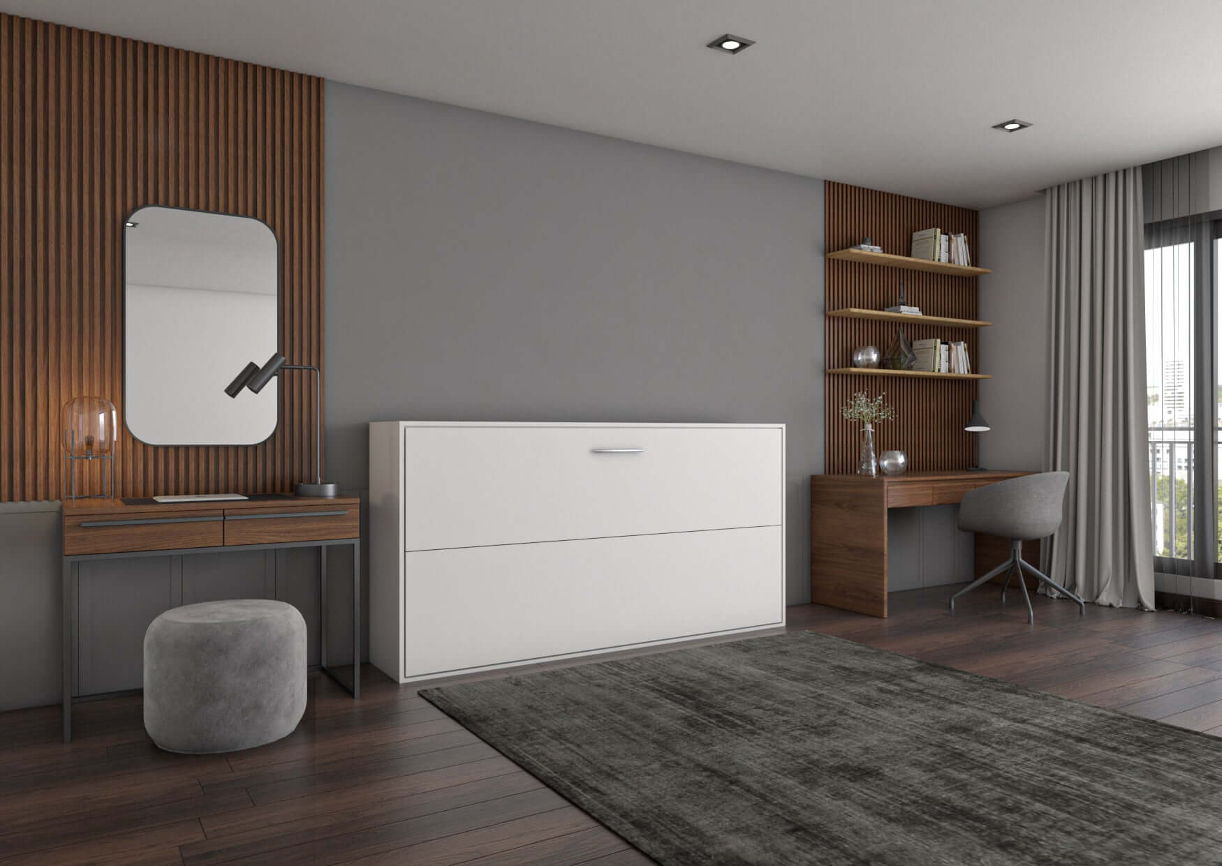 Modern bedroom with a compact, stylish bed and elegant wooden accents, featuring a mirror and desk workspace.