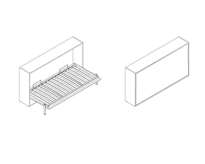 Technische tekening van een opklapbed mechanisme 90x200 verticaal met lattenbodem en muurbevestiging.