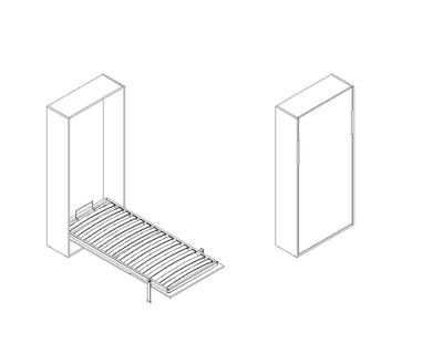 Opklapbed mechanisme 90x200 verticaal, technische tekeningen van een Murphy bed systeem in opklapstand.