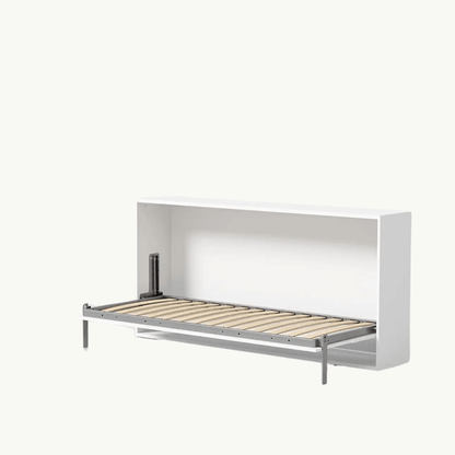 Compaqt Deluxe horizontaal opklapbed in wit met metalen frame en houten latten voor ruimtebesparing.