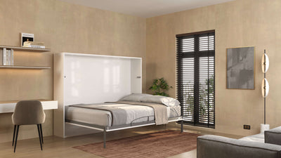 Opklapbed 140x200 horizontaal in moderne woonkamer, ideaal voor multifunctionele ruimtes.