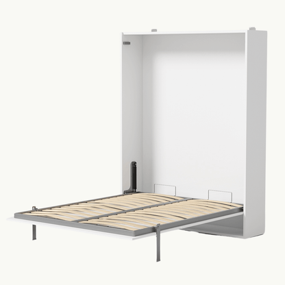 Opengeklapt Compaqt Deluxe verticaal opklapbed met wit kastontwerp en metalen frame, ideaal voor ruimtesparen.