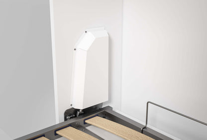 Detail van het mechanisme van het Compaqt Deluxe horizontaal opklapbed met een metalen frame en houten latten.