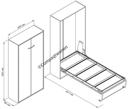 Diagram of Compaqt vertical folding bed design with dimensions, perfect for saving space in small rooms.
