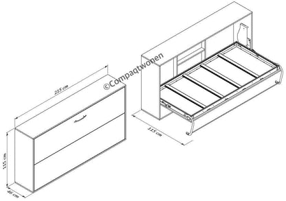Technische tekening van het Compaqt opklapbed horizontaal 90/200 met afmetingen en ontwerpdetails.